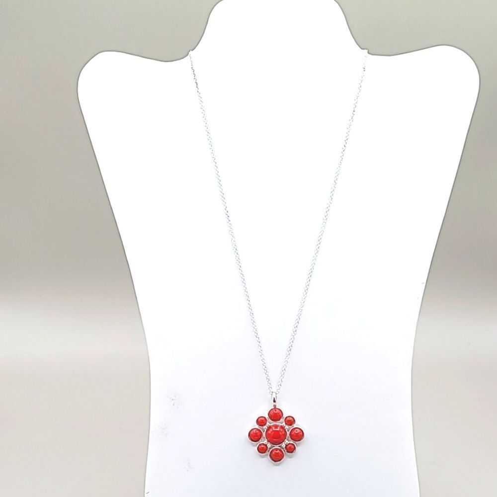 Fashion Pendant Necklace, Silver with Red Stones - Picture 2 of 4